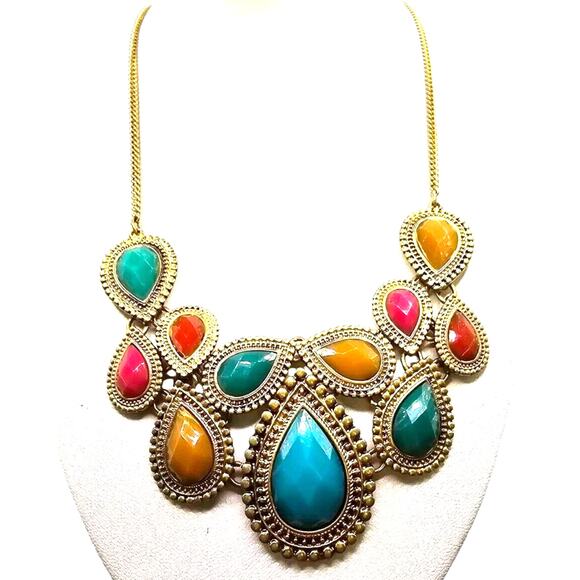 Gv9 Jewelry - Signed Necklace Gv9 Multicolor Faceted Acrylic Beaded Antique Gold Tone 14" 16"